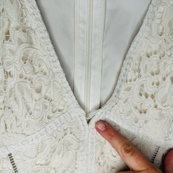 Jonathan Simkhai White Puff Sleeve V-Neck Intricate Lace Midi Dress Size 2 - Picture 13 of 16